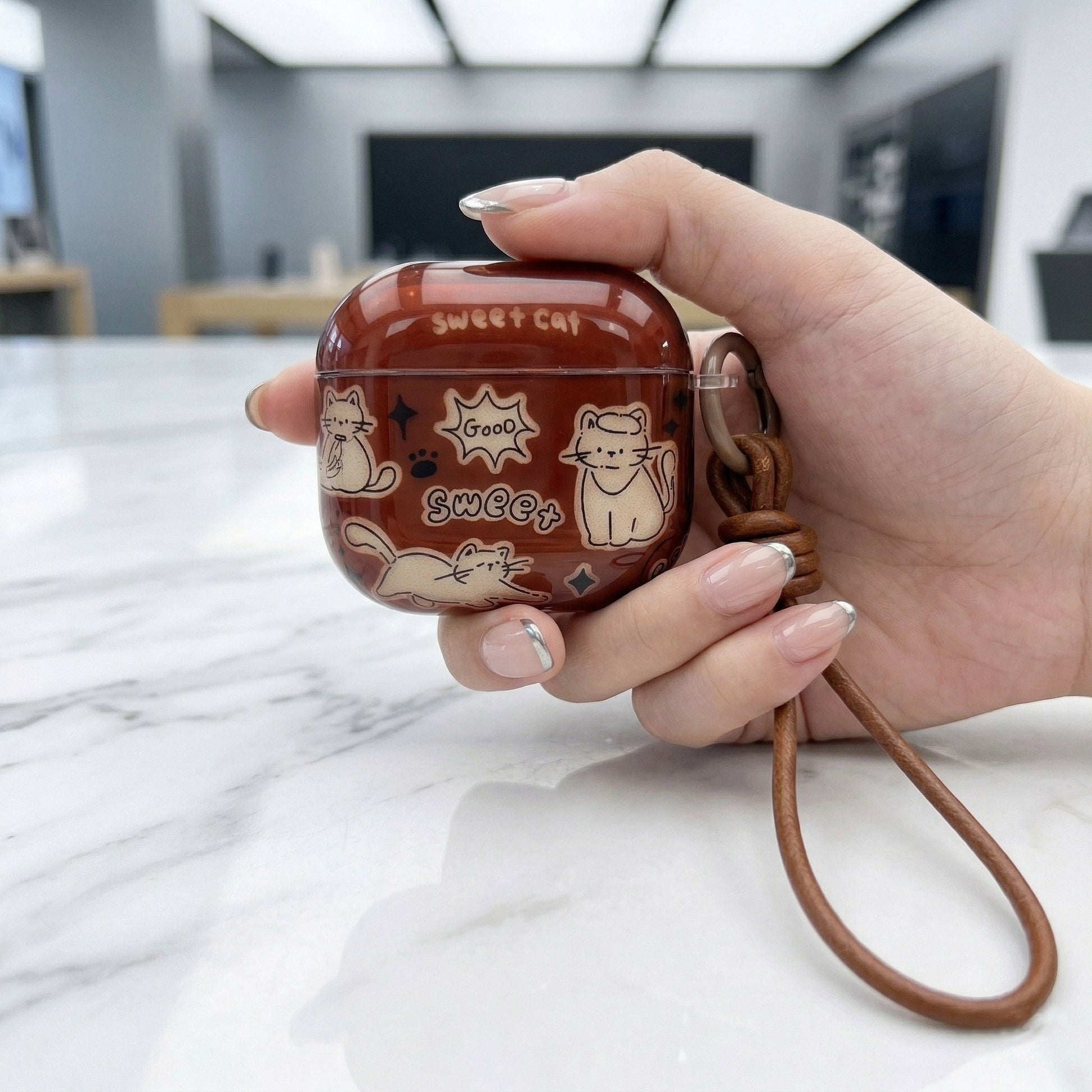 Sweet Cat AirPods Case with Knotted Leather Lanyard – Glossy Brown & Everyday Charm
