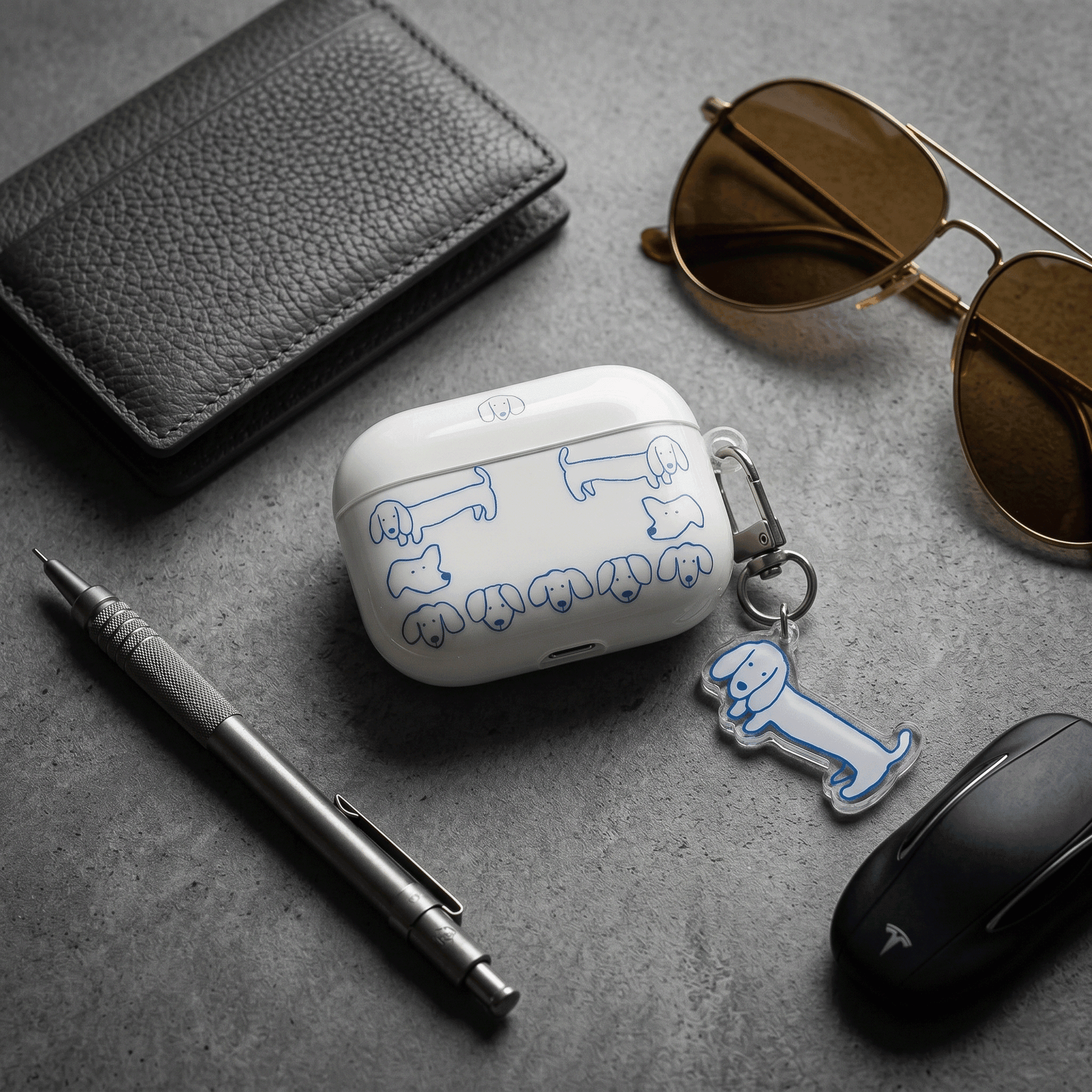 Cute Blue Dachshund AirPods Case with Puppy Keychain – Everyday Carry or Perfect Gift