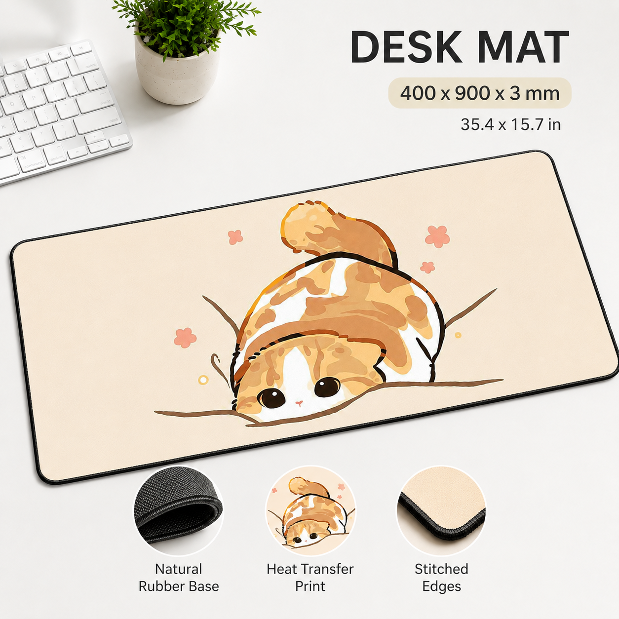 Cozy Orange Cat Large Desk Mat – Non-Slip Extended Mouse Pad