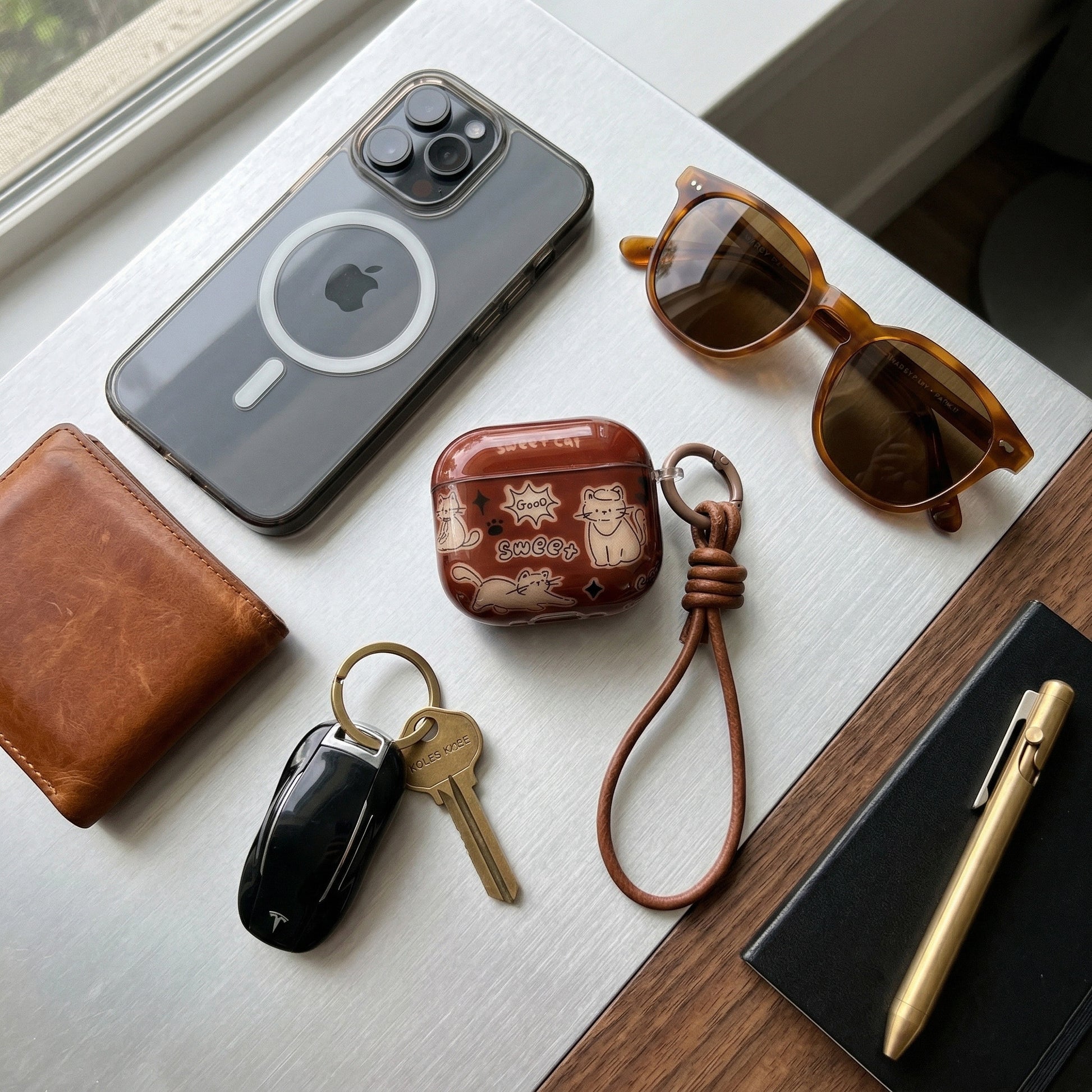 Sweet Cat AirPods Case with Knotted Leather Lanyard – Glossy Brown & Everyday Charm