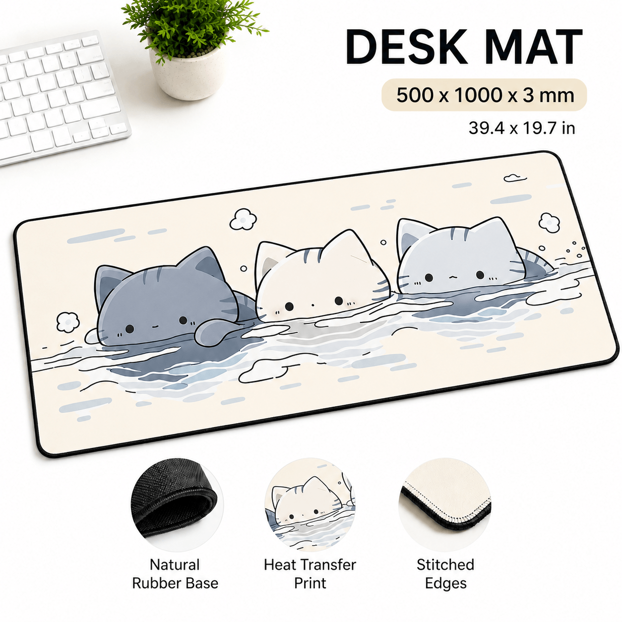 Cute Floating Cats Large Desk Mat – Non-Slip Cat Mouse Pad for Work, Study & Gaming