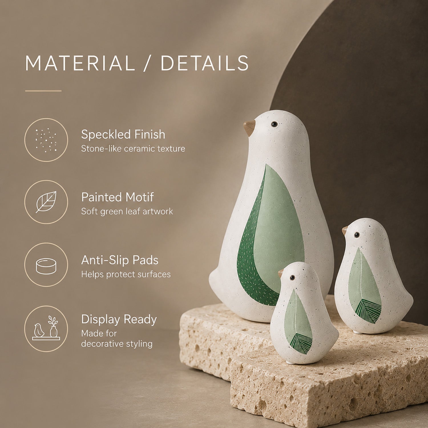 Speckled ceramic bird trio decor set with green leaf motif - image 4