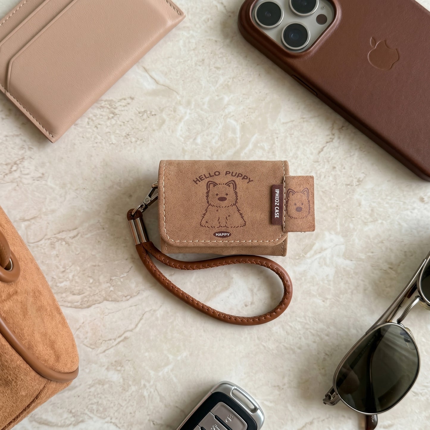 Hello Puppy PU Leather AirPods Case with Wrist Strap – Everyday Carry or Perfect Gift
