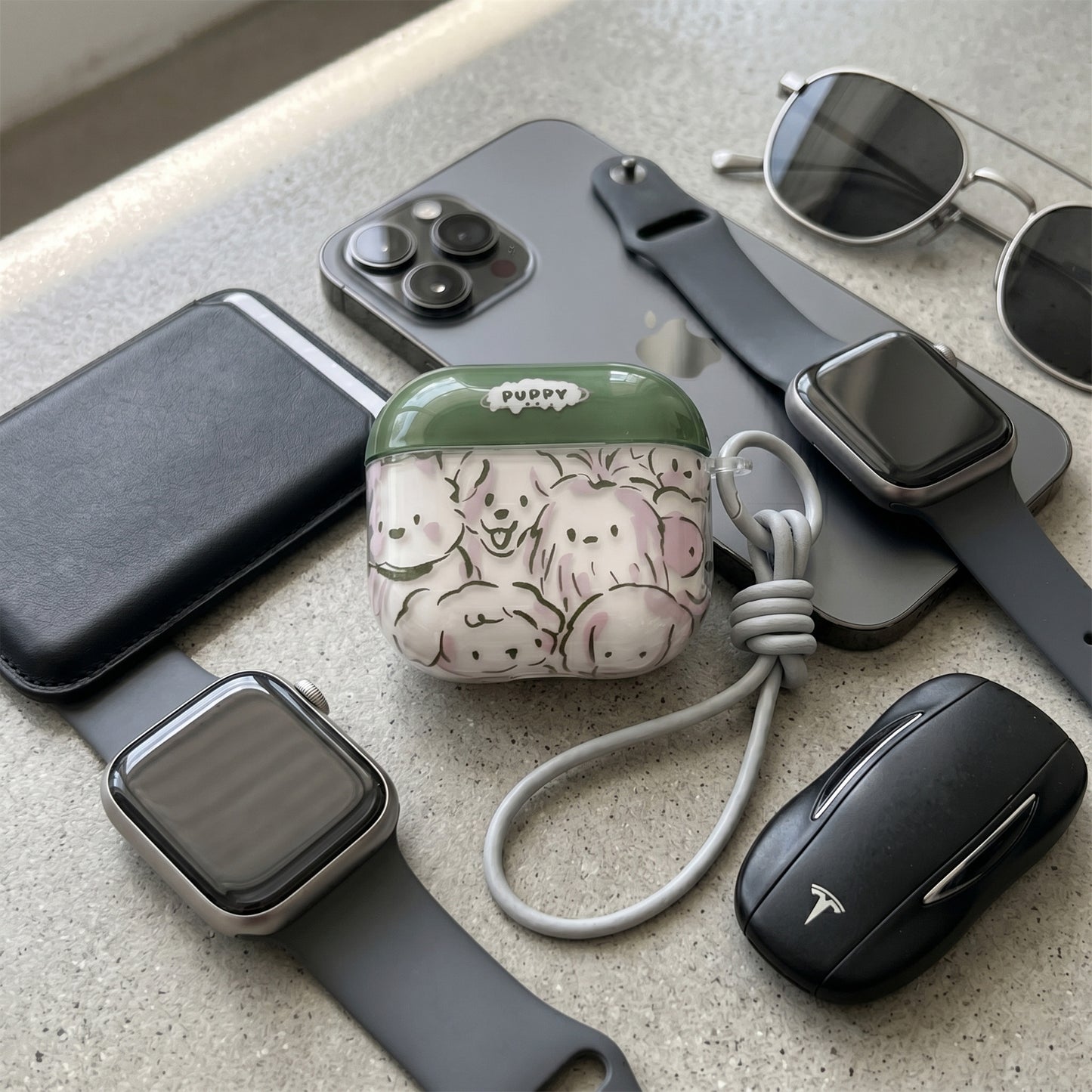 Cute Puppy Print AirPods Case with Detachable Gray Wrist Strap – Everyday Carry or Perfect Gift
