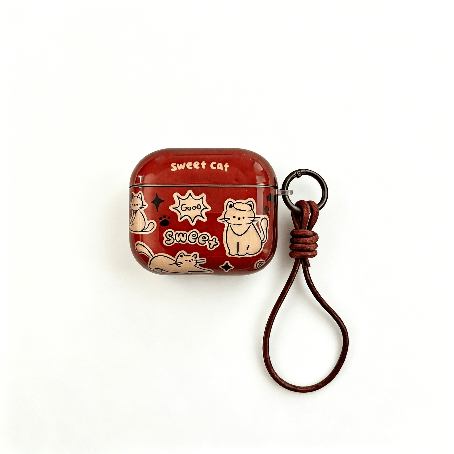 Sweet Cat AirPods Case with Knotted Leather Lanyard – Glossy Brown & Everyday Charm