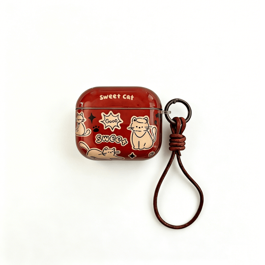 Sweet Cat AirPods Case with Knotted Leather Lanyard – Glossy Brown & Everyday Charm