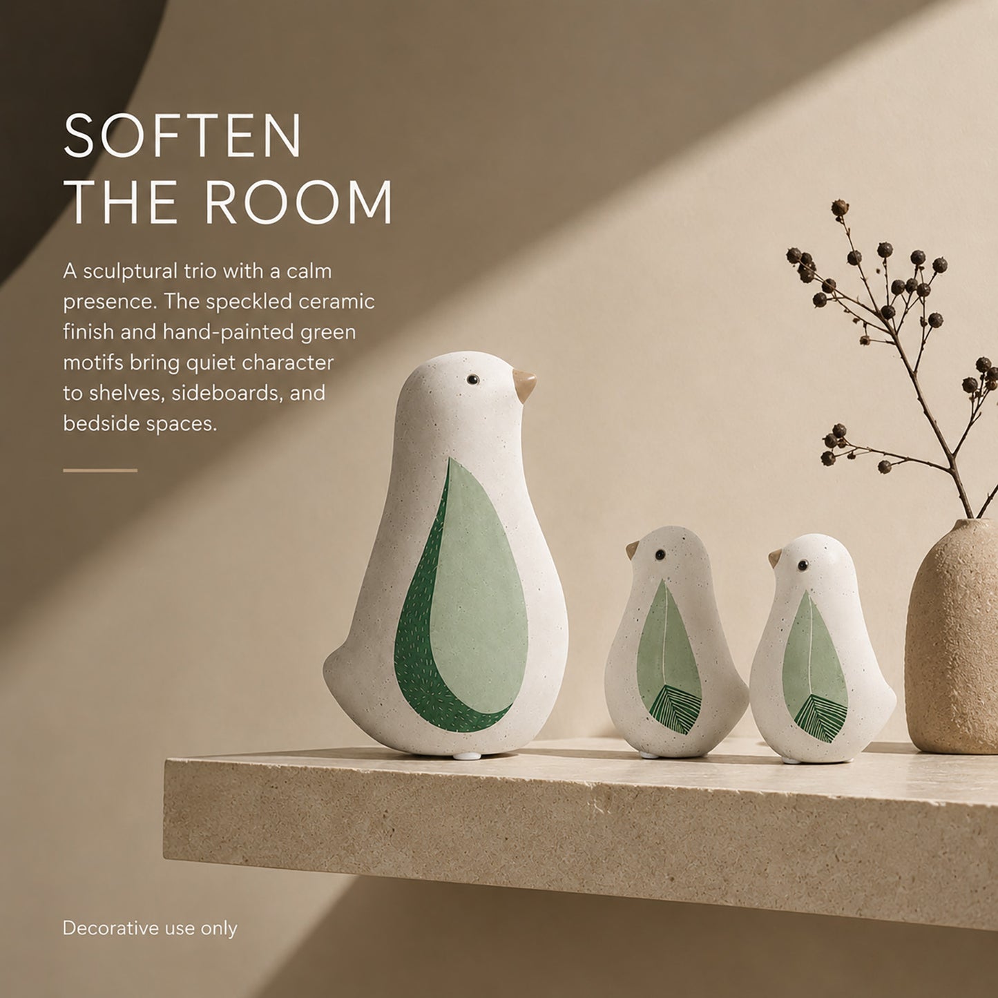 Speckled ceramic bird trio decor set with green leaf motif - image 5