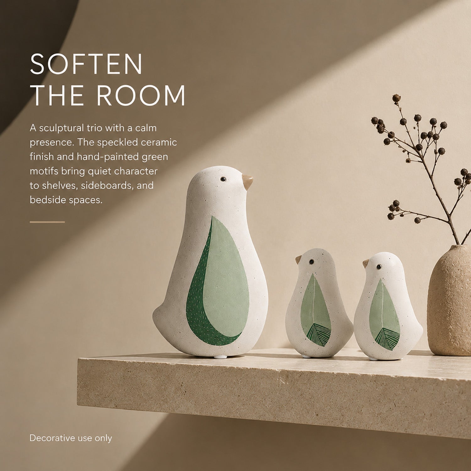 Speckled ceramic bird trio decor set with green leaf motif - image 5