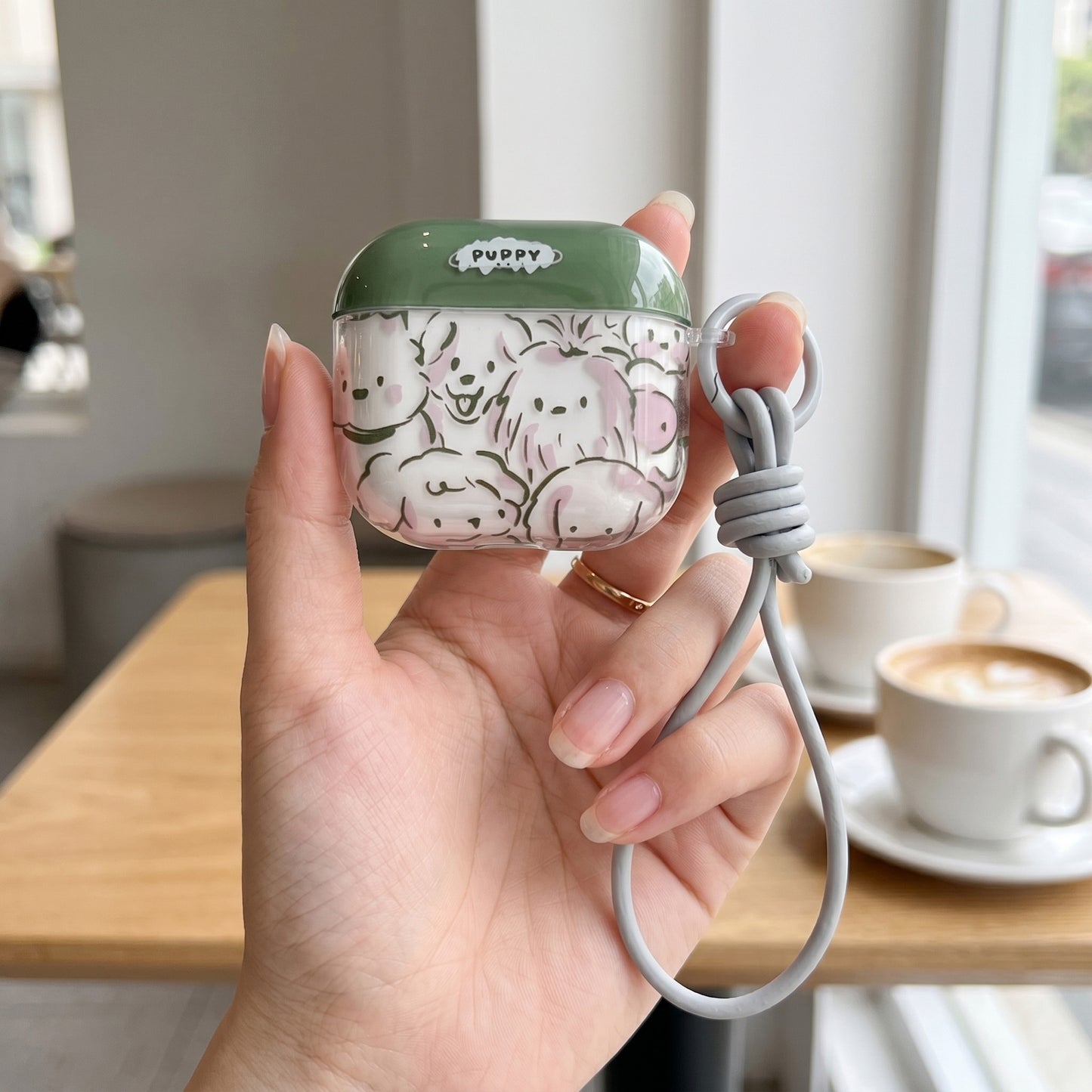 Cute Puppy Print AirPods Case with Detachable Gray Wrist Strap – Everyday Carry or Perfect Gift