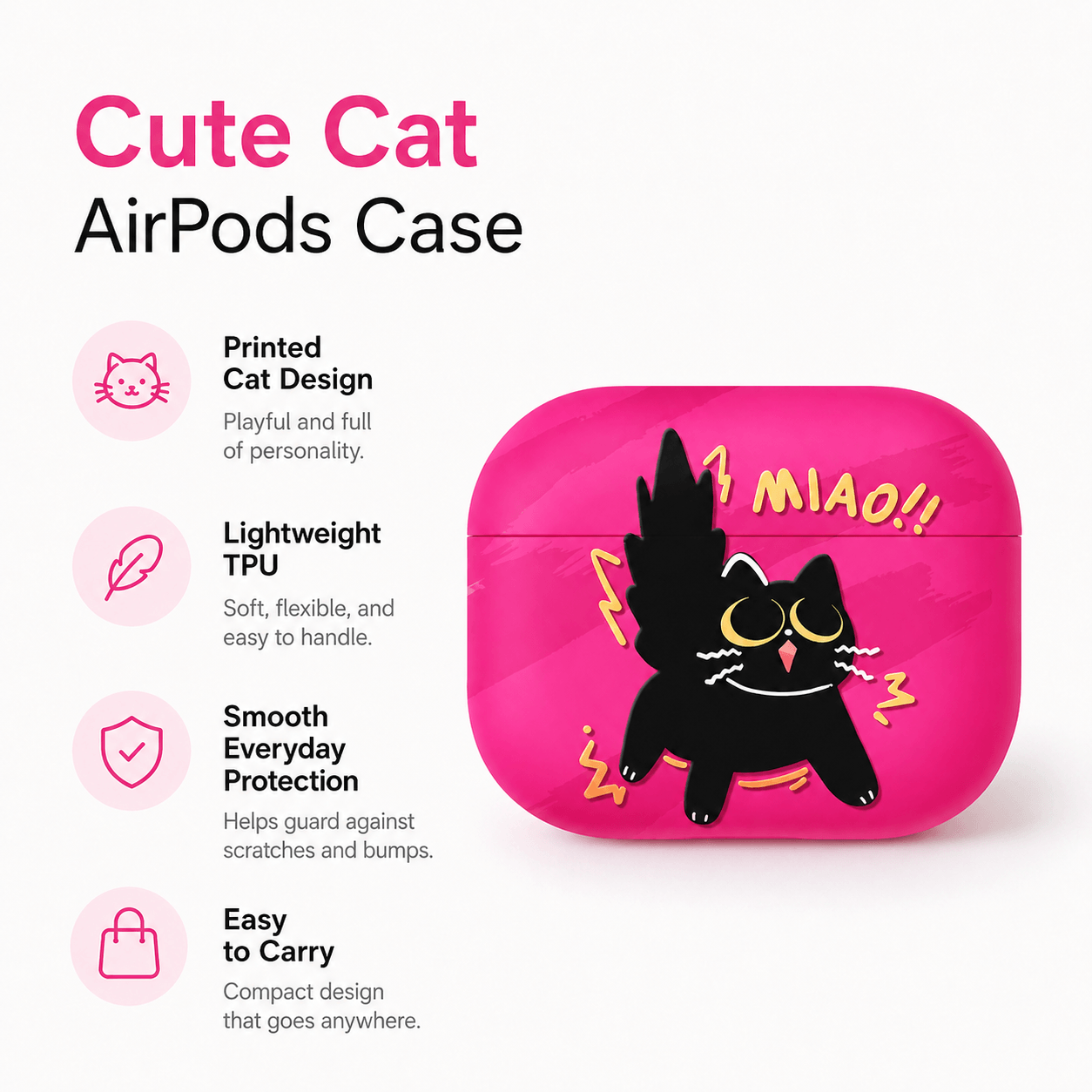 Hot Pink Cute Cat AirPods Case – Lightweight TPU Everyday Carry & Gift Idea
