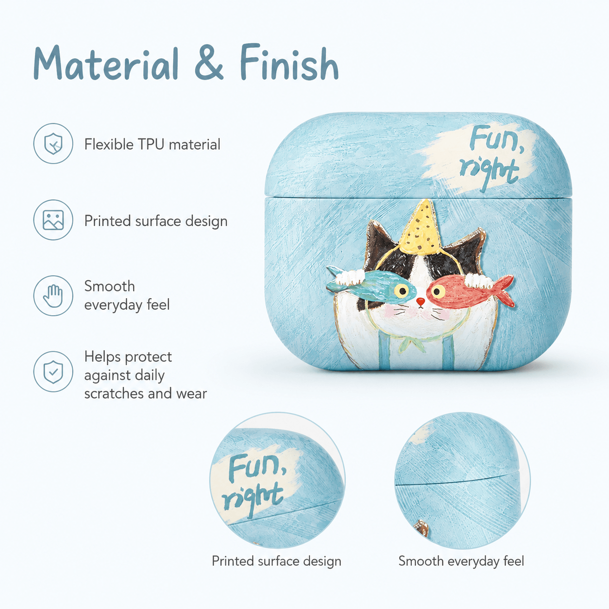 Sky Blue Party Cat AirPods Case – Playful Art Print Everyday Carry & Cute Gift