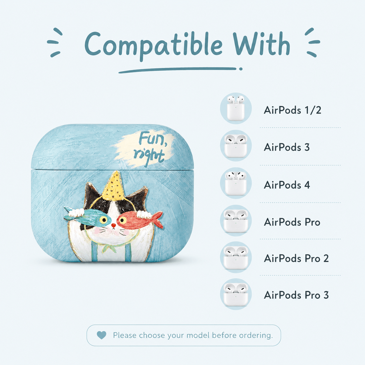 Sky Blue Party Cat AirPods Case – Playful Art Print Everyday Carry & Cute Gift