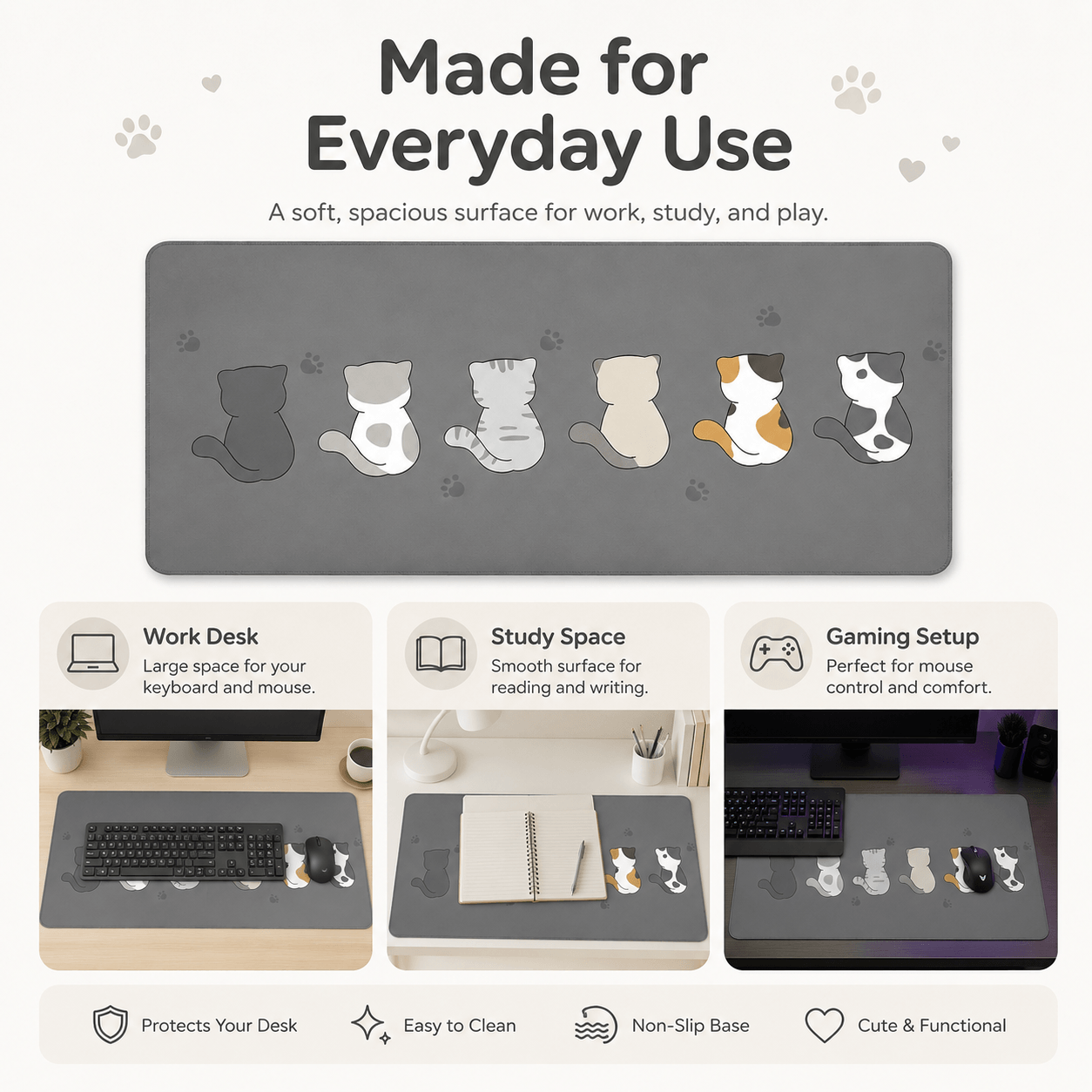 Cute Cats Large Desk Mat – Non-Slip Cat Mouse Pad for Work, Study & Gaming