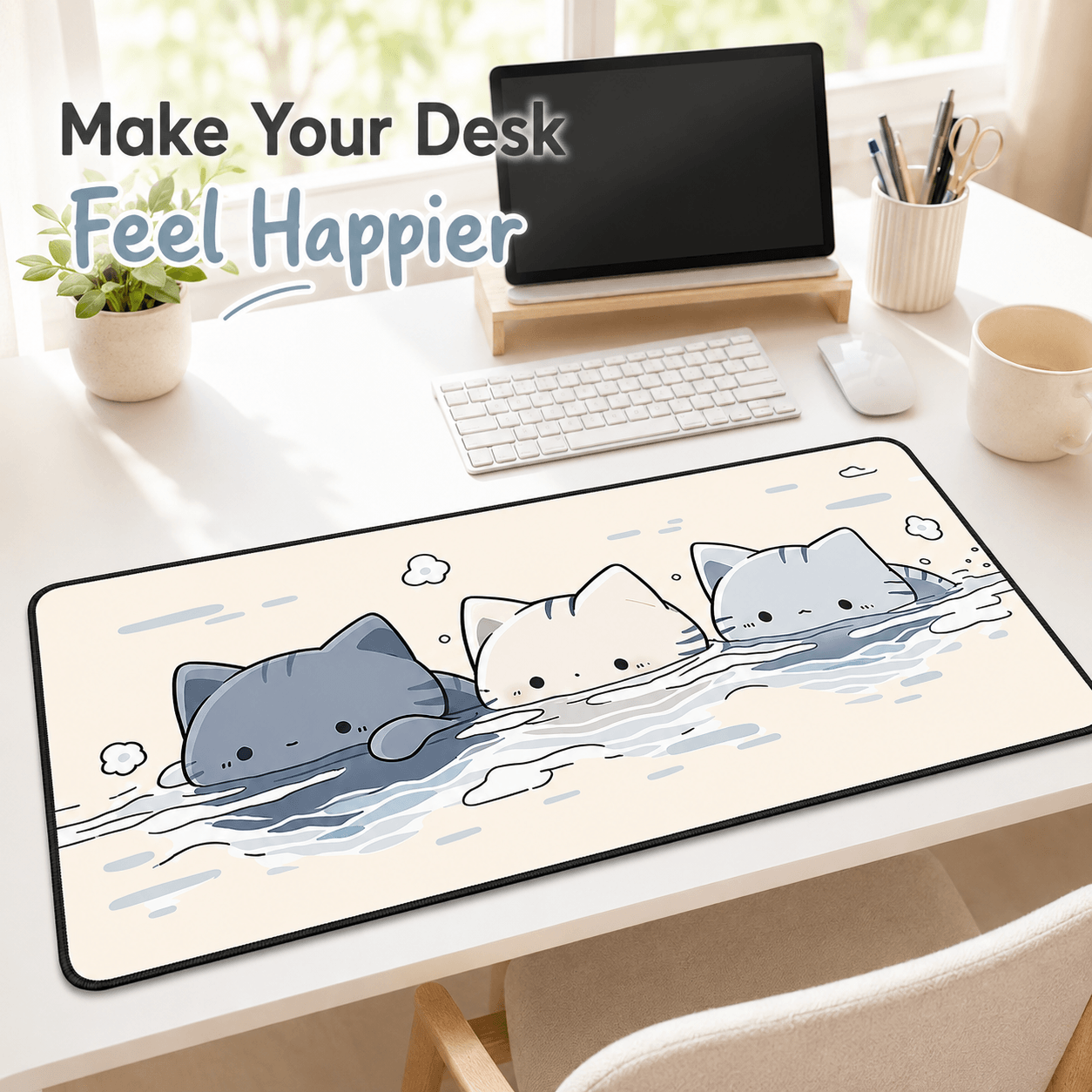 Cute Floating Cats Large Desk Mat – Non-Slip Cat Mouse Pad for Work, Study & Gaming