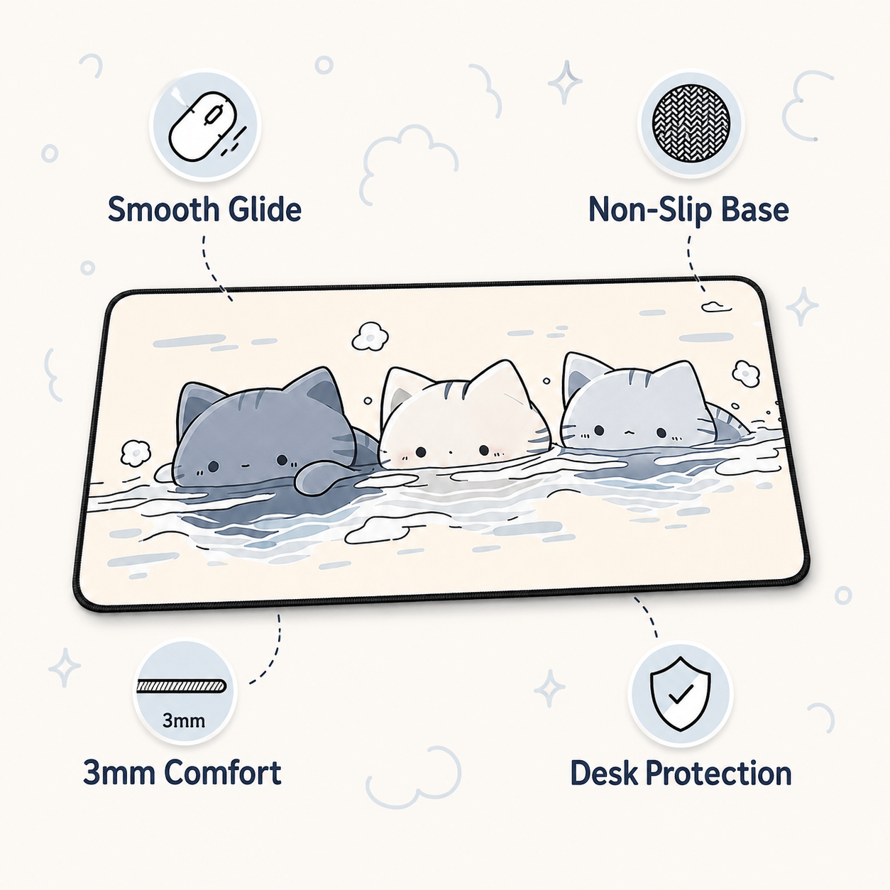 Cute Floating Cats Large Desk Mat – Non-Slip Cat Mouse Pad for Work, Study & Gaming
