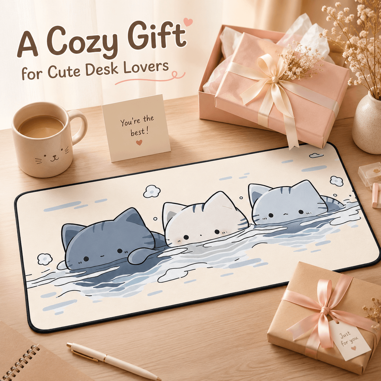 Cute Floating Cats Large Desk Mat – Non-Slip Cat Mouse Pad for Work, Study & Gaming