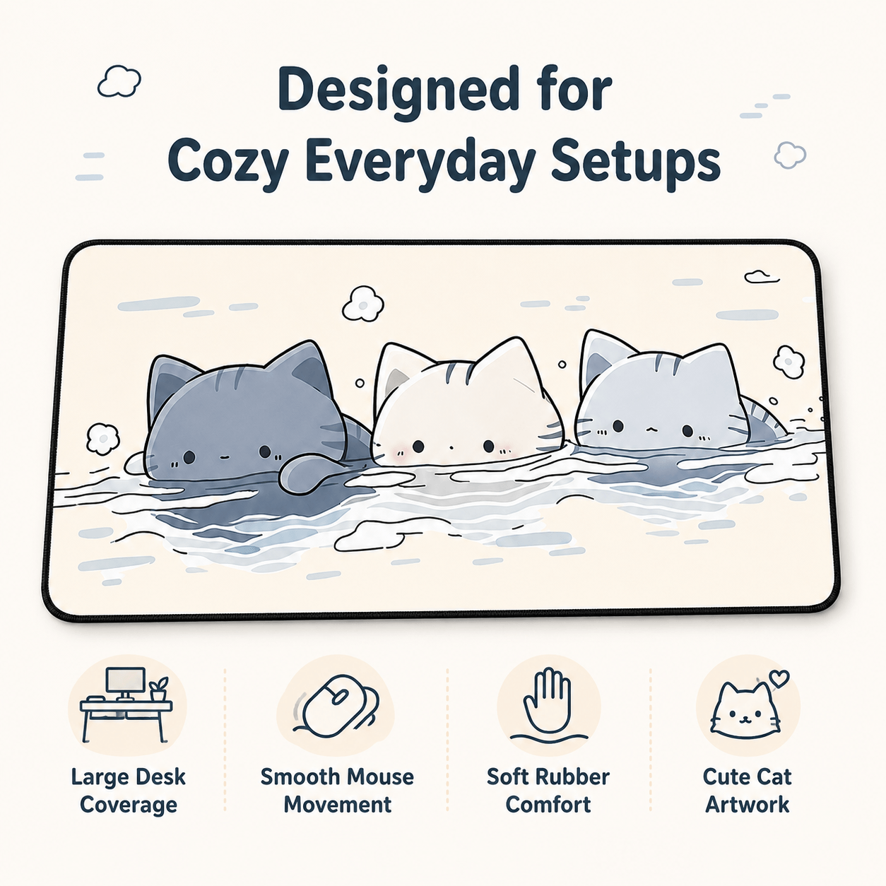 Cute Floating Cats Large Desk Mat – Non-Slip Cat Mouse Pad for Work, Study & Gaming