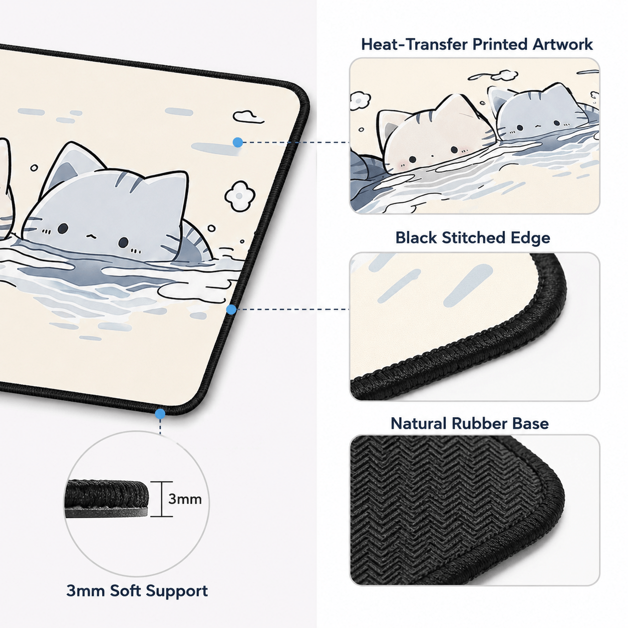 Cute Floating Cats Large Desk Mat – Non-Slip Cat Mouse Pad for Work, Study & Gaming