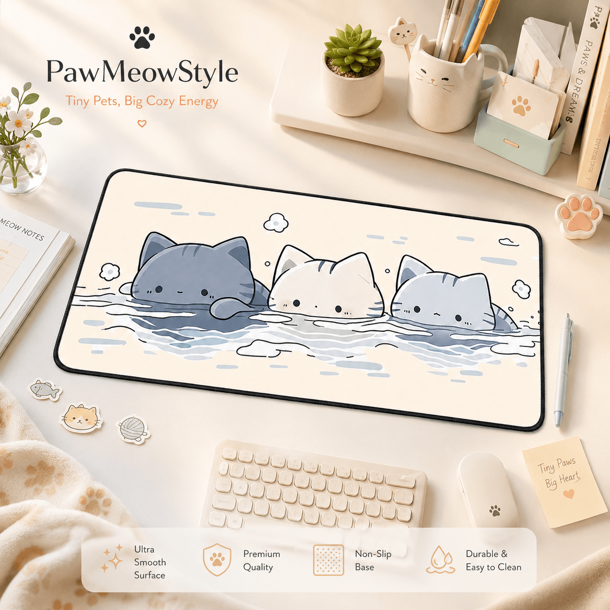 Cute Floating Cats Large Desk Mat – Non-Slip Cat Mouse Pad for Work, Study & Gaming