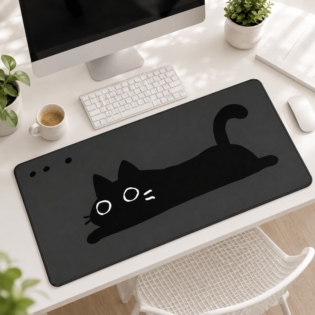 Minimal Black Cat Large Desk Mat – Non-Slip Extended Mouse Pad