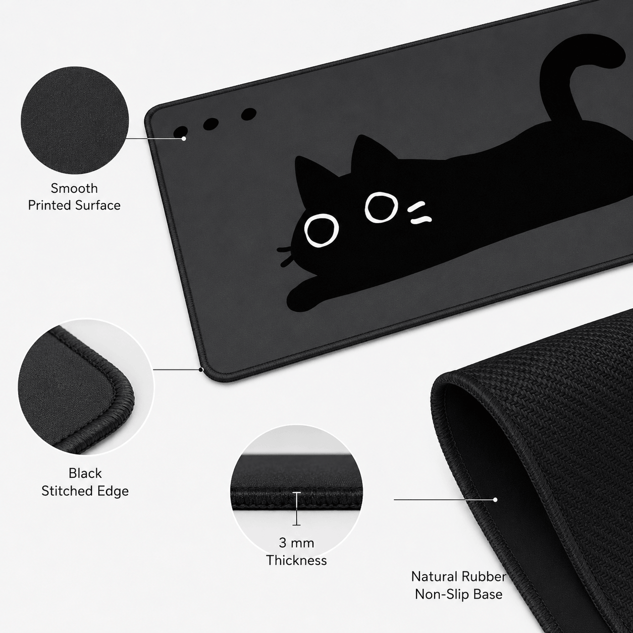 Minimal Black Cat Large Desk Mat – Non-Slip Extended Mouse Pad