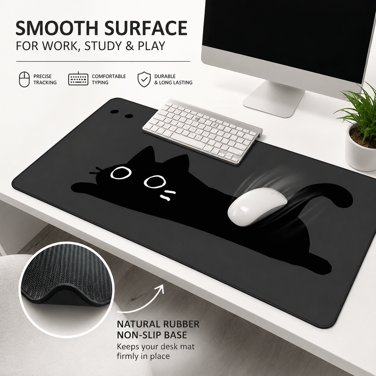 Minimal Black Cat Large Desk Mat – Non-Slip Extended Mouse Pad