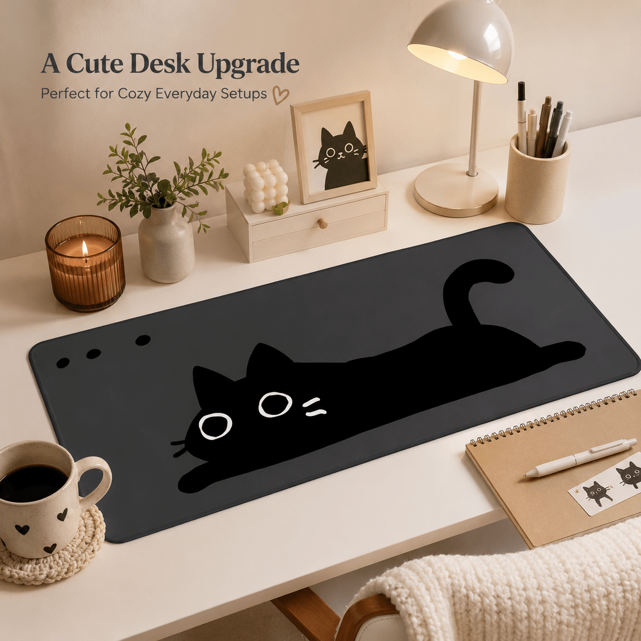 Minimal Black Cat Large Desk Mat – Non-Slip Extended Mouse Pad