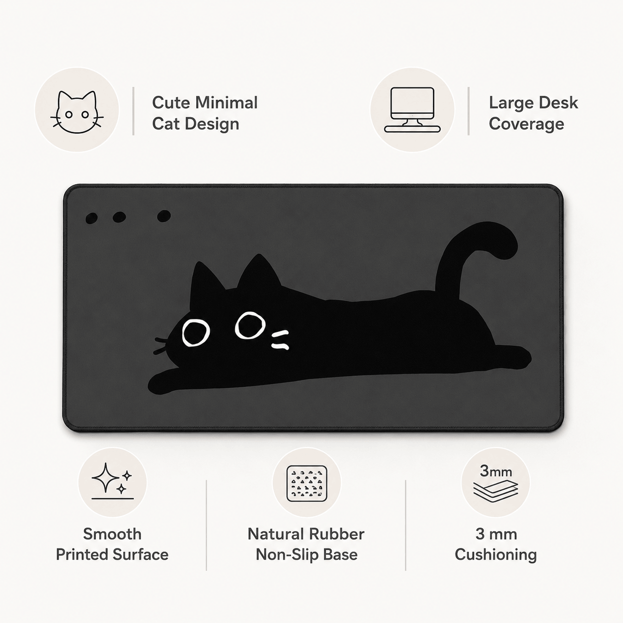 Minimal Black Cat Large Desk Mat – Non-Slip Extended Mouse Pad