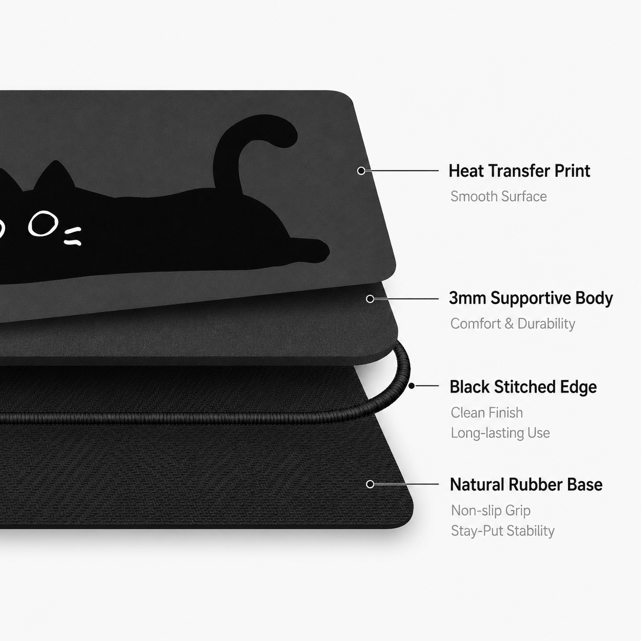 Minimal Black Cat Large Desk Mat – Non-Slip Extended Mouse Pad