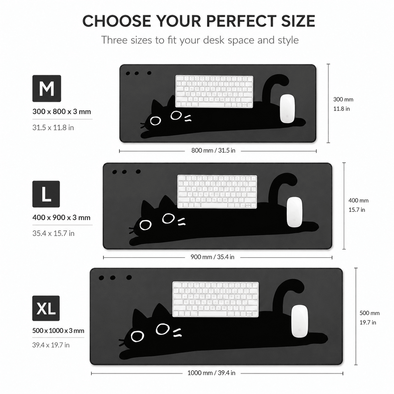 Minimal Black Cat Large Desk Mat – Non-Slip Extended Mouse Pad