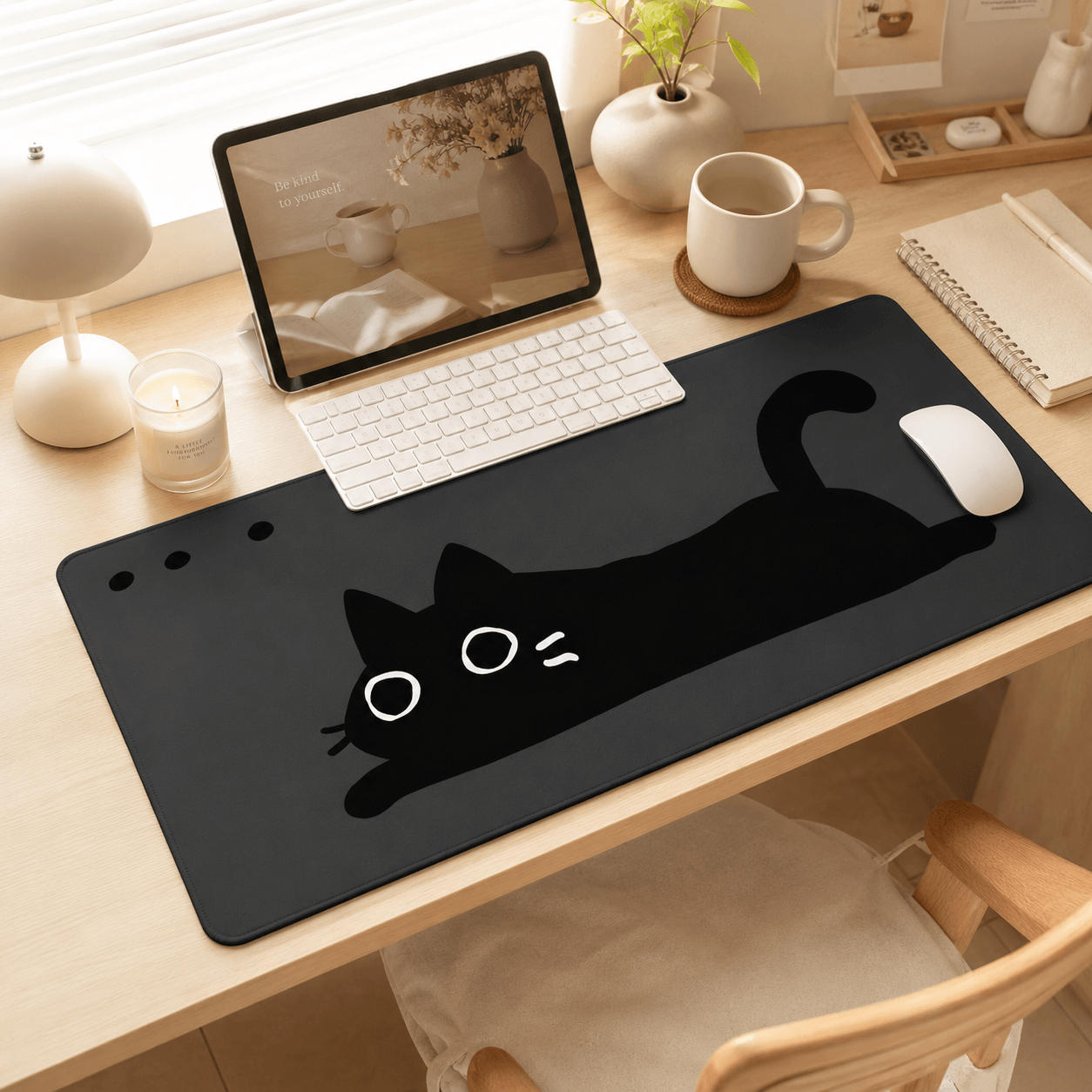 Minimal Black Cat Large Desk Mat – Non-Slip Extended Mouse Pad