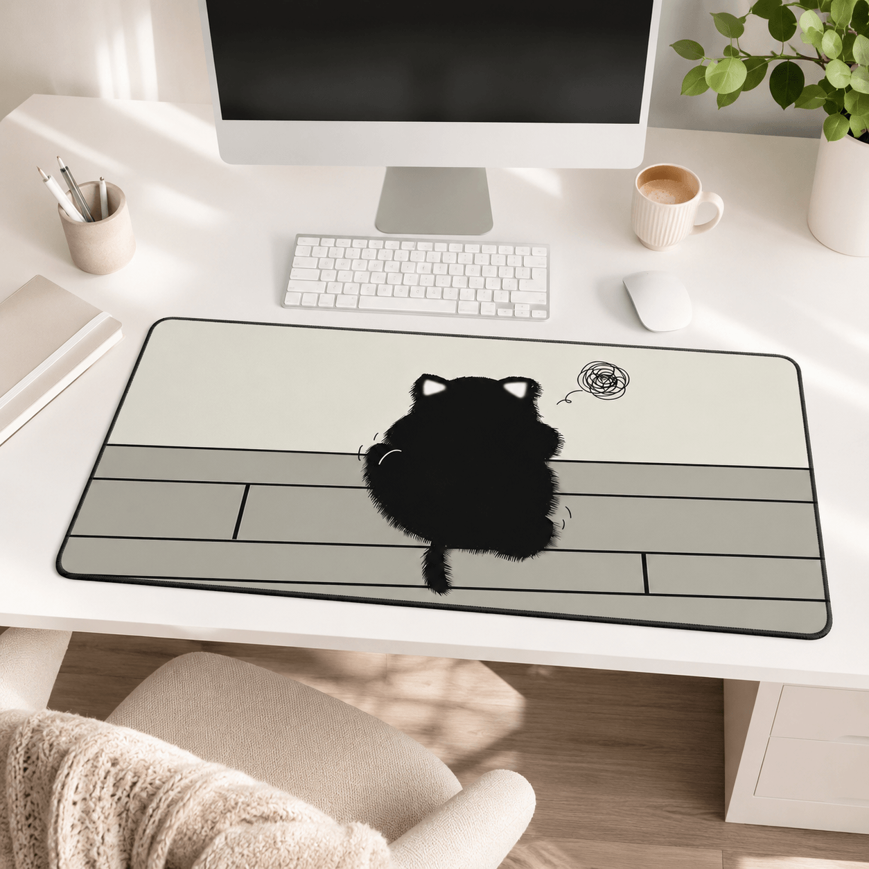 Fluffy Black Cat Large Desk Mat – Non-Slip Extended Mouse Pad for Cozy Desks
