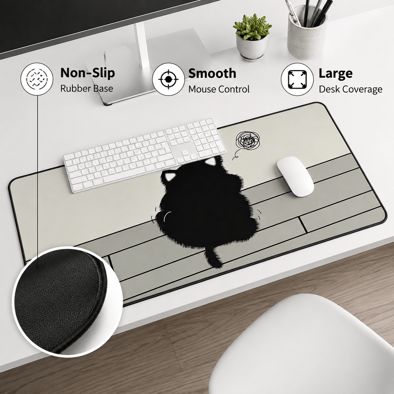 Fluffy Black Cat Large Desk Mat – Non-Slip Extended Mouse Pad for Cozy Desks