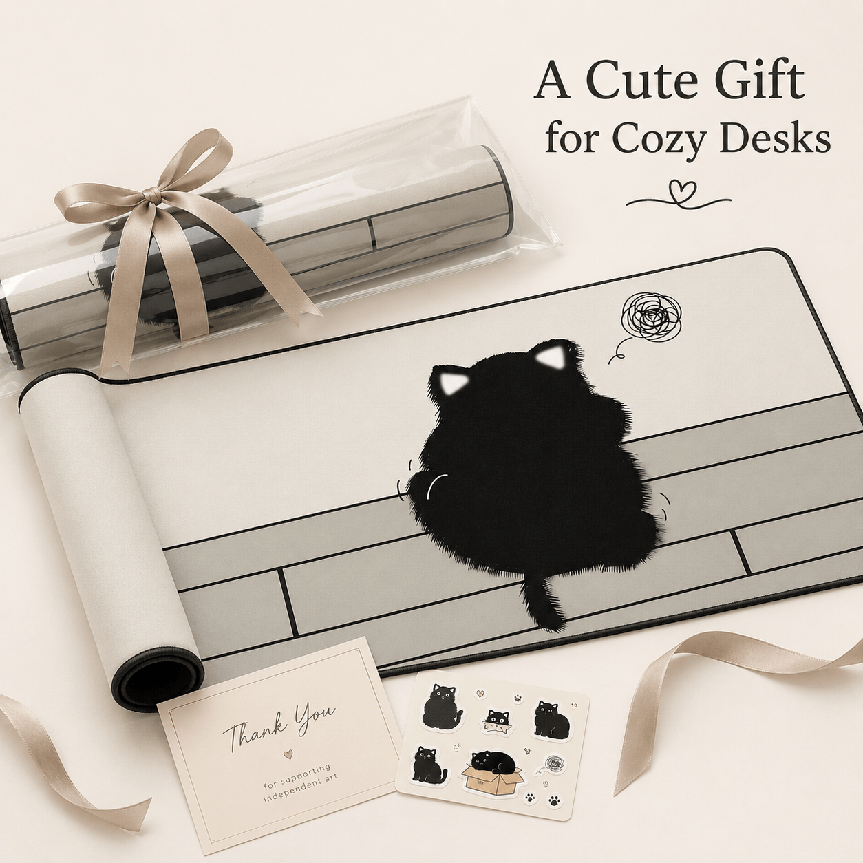 Fluffy Black Cat Large Desk Mat – Non-Slip Extended Mouse Pad for Cozy Desks