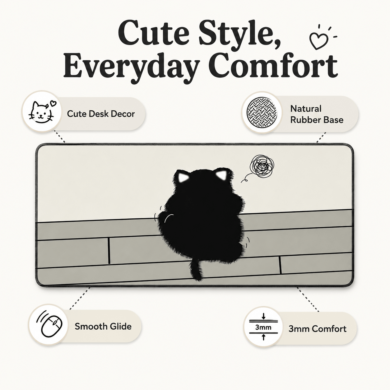 Fluffy Black Cat Large Desk Mat – Non-Slip Extended Mouse Pad for Cozy Desks