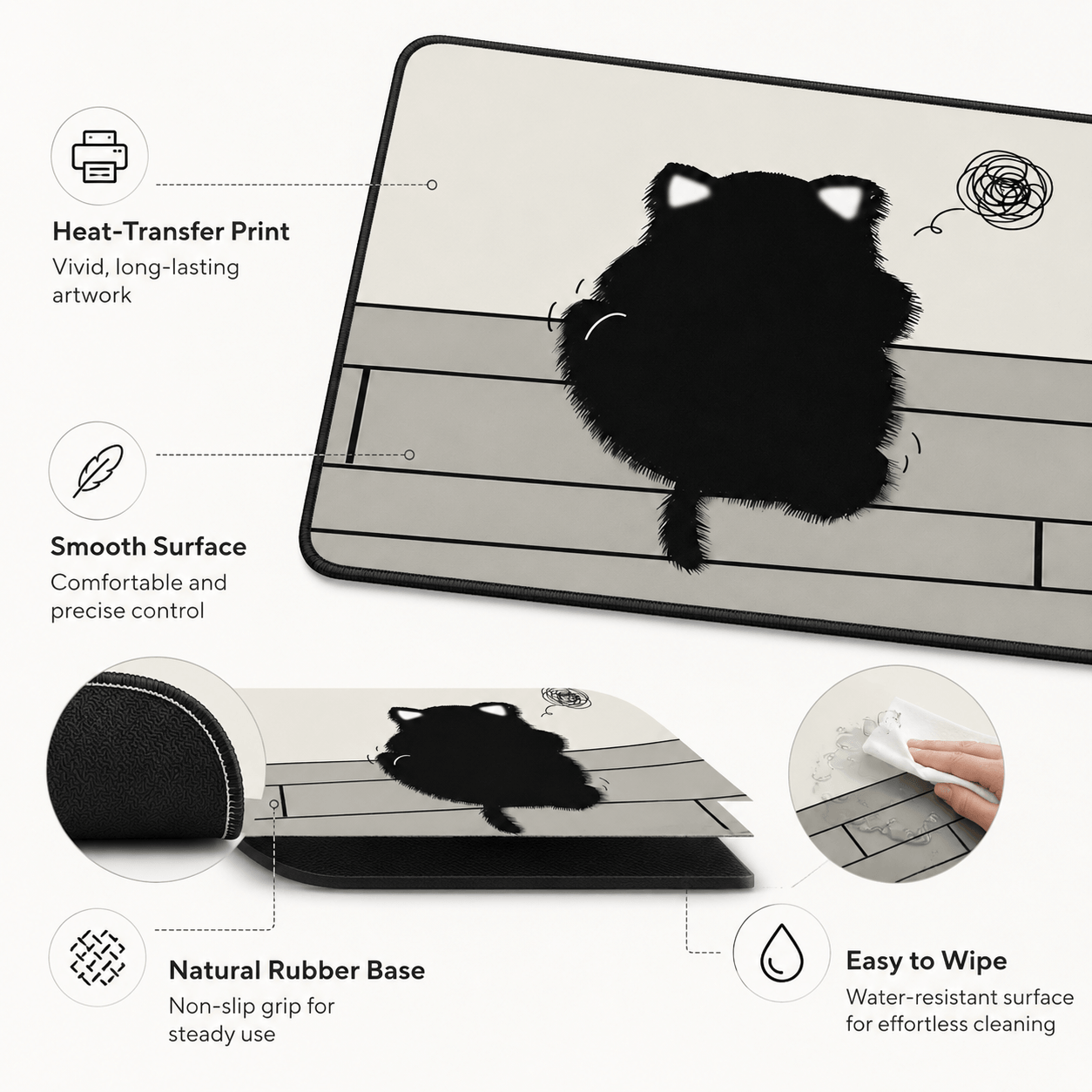 Fluffy Black Cat Large Desk Mat – Non-Slip Extended Mouse Pad for Cozy Desks