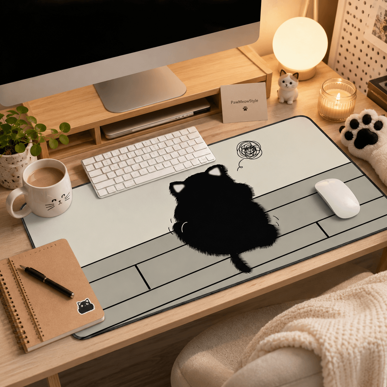 Fluffy Black Cat Large Desk Mat – Non-Slip Extended Mouse Pad for Cozy Desks
