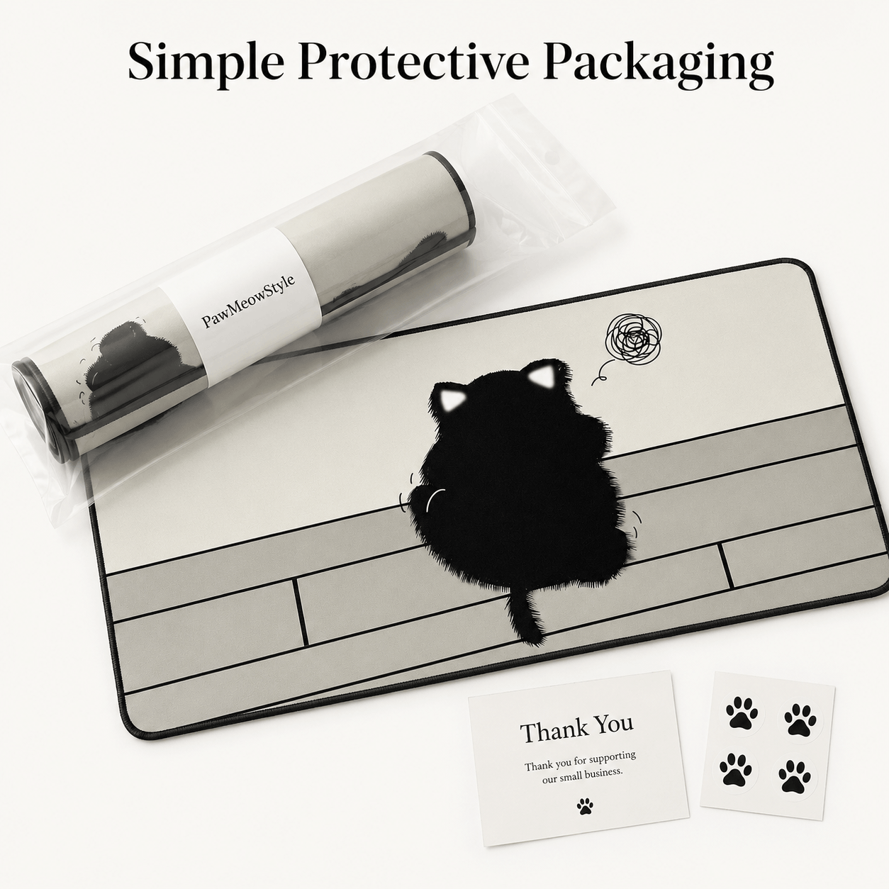 Fluffy Black Cat Large Desk Mat – Non-Slip Extended Mouse Pad for Cozy Desks