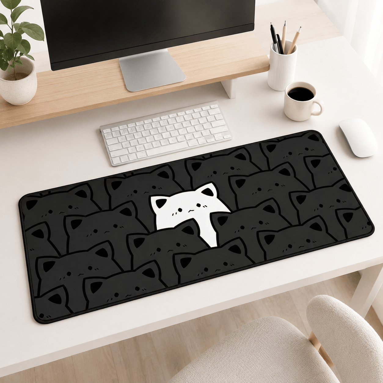 Black Cat Crowd Large Desk Mat – Non-Slip Extended Mouse Pad