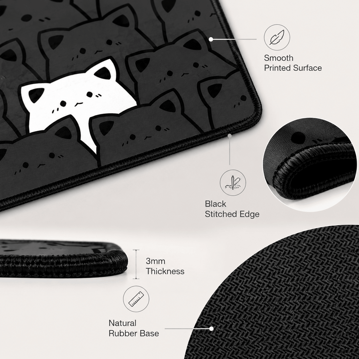 Black Cat Crowd Large Desk Mat – Non-Slip Extended Mouse Pad