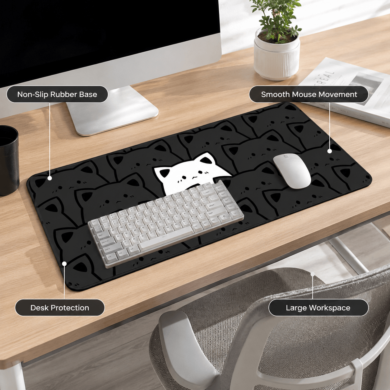 Black Cat Crowd Large Desk Mat – Non-Slip Extended Mouse Pad
