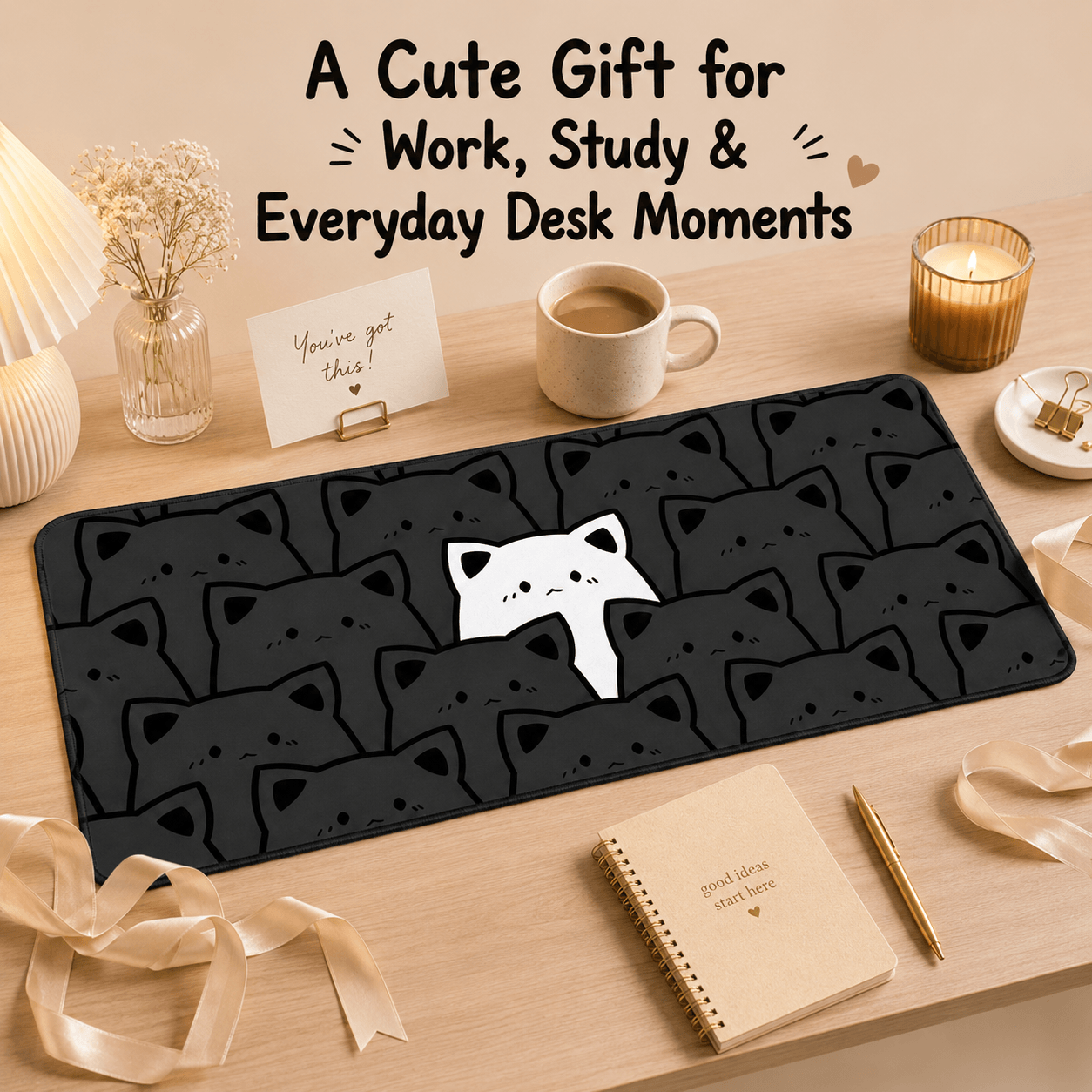 Black Cat Crowd Large Desk Mat – Non-Slip Extended Mouse Pad