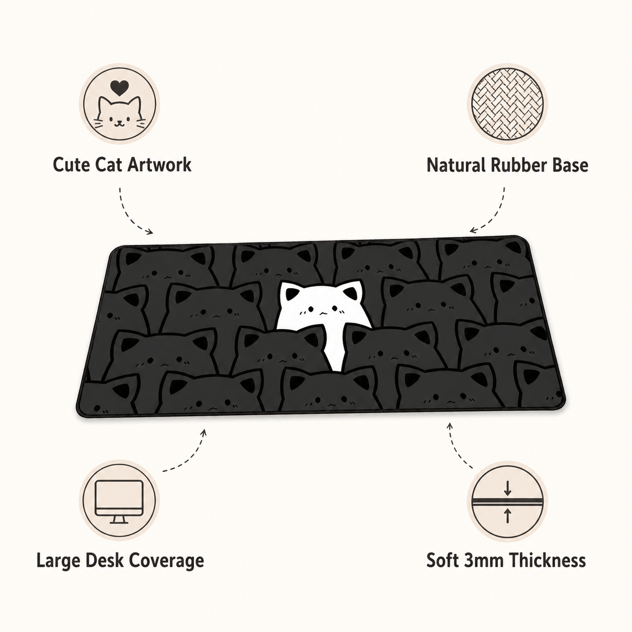 Black Cat Crowd Large Desk Mat – Non-Slip Extended Mouse Pad