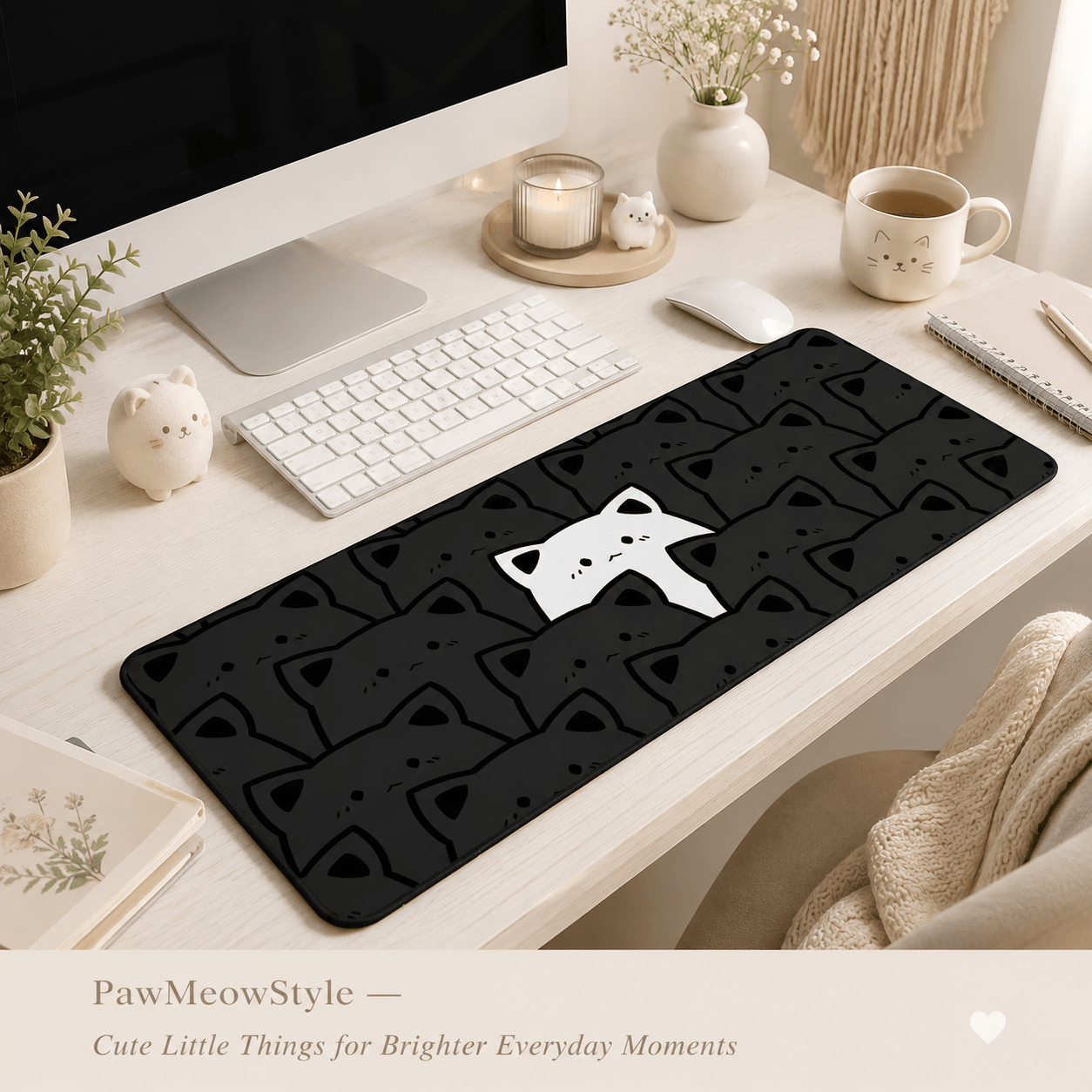 Black Cat Crowd Large Desk Mat – Non-Slip Extended Mouse Pad