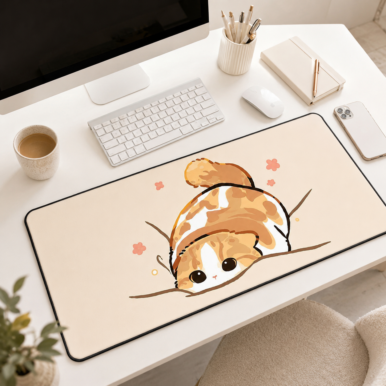 Cozy Orange Cat Large Desk Mat – Non-Slip Extended Mouse Pad