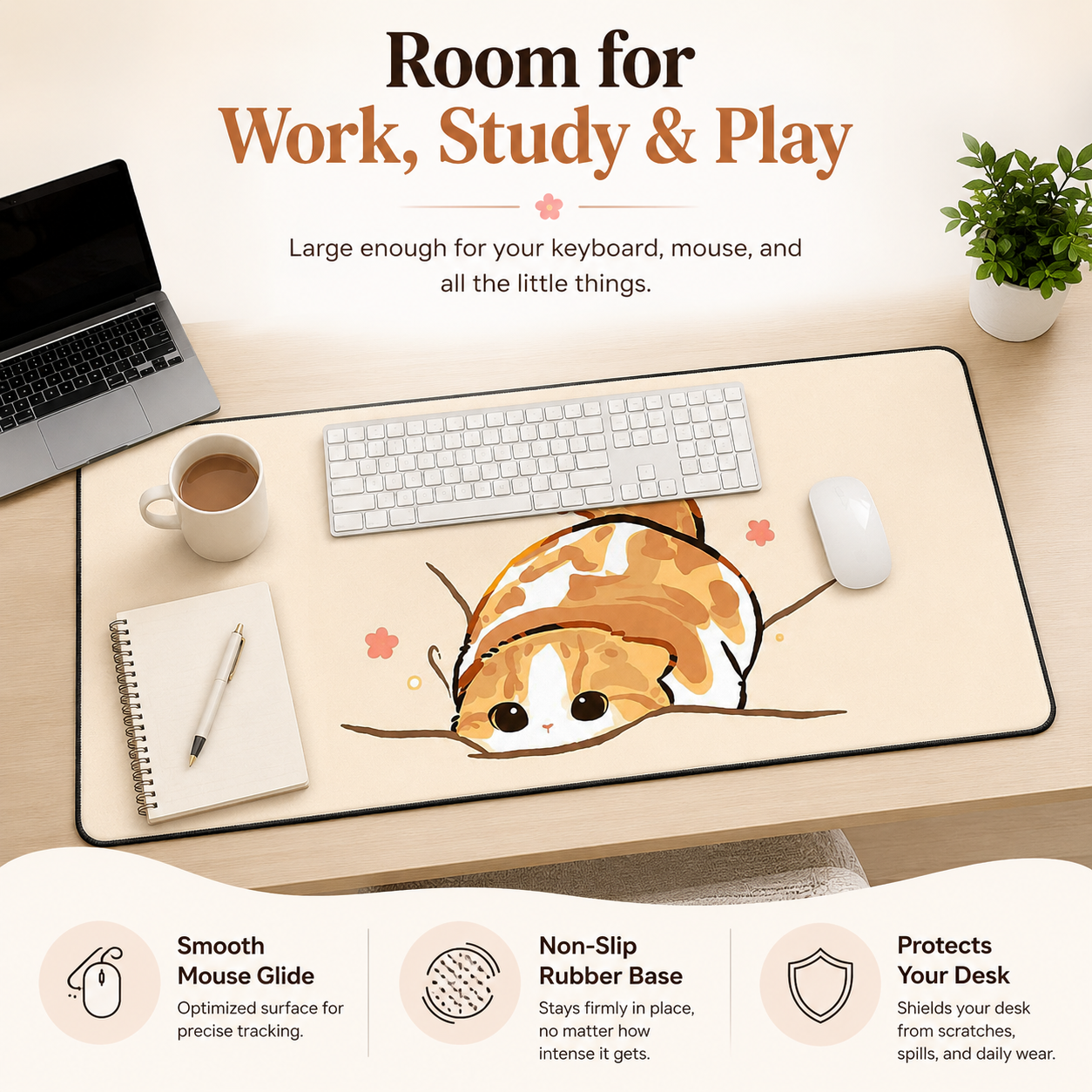 Cozy Orange Cat Large Desk Mat – Non-Slip Extended Mouse Pad