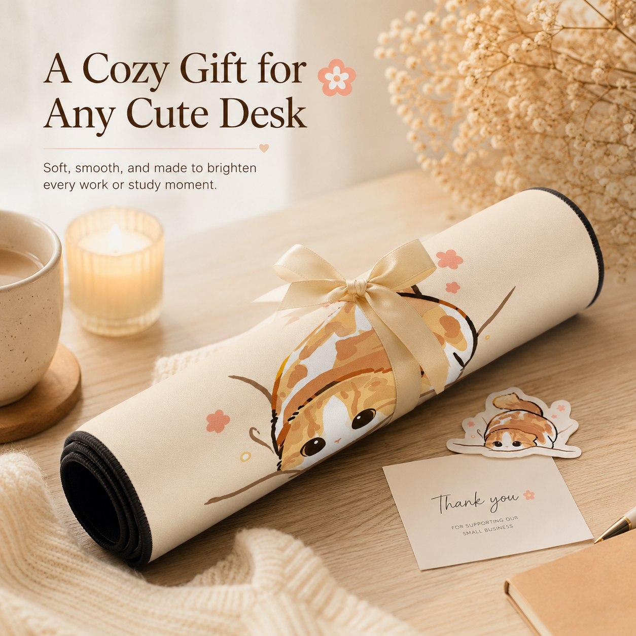 Cozy Orange Cat Large Desk Mat – Non-Slip Extended Mouse Pad