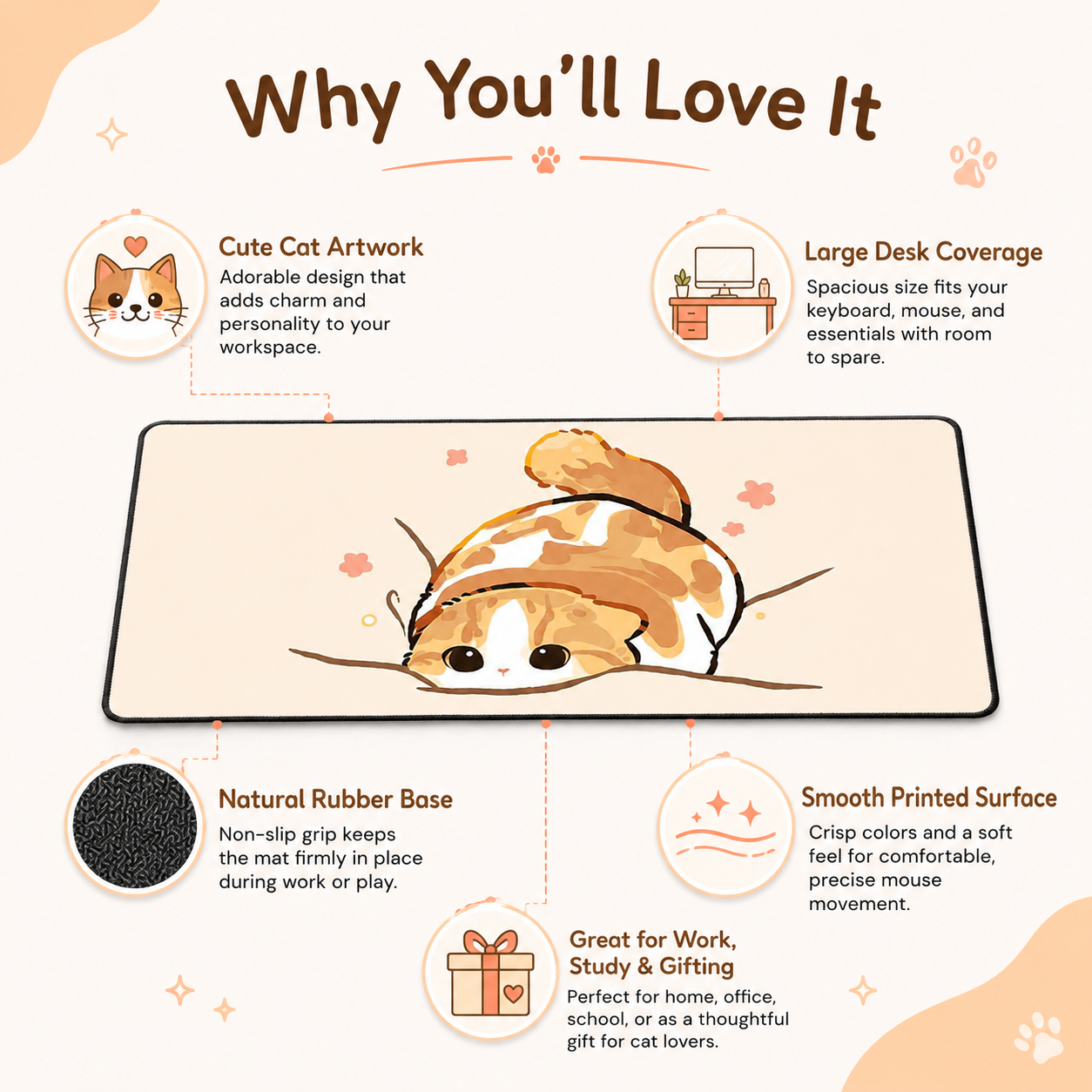 Cozy Orange Cat Large Desk Mat – Non-Slip Extended Mouse Pad