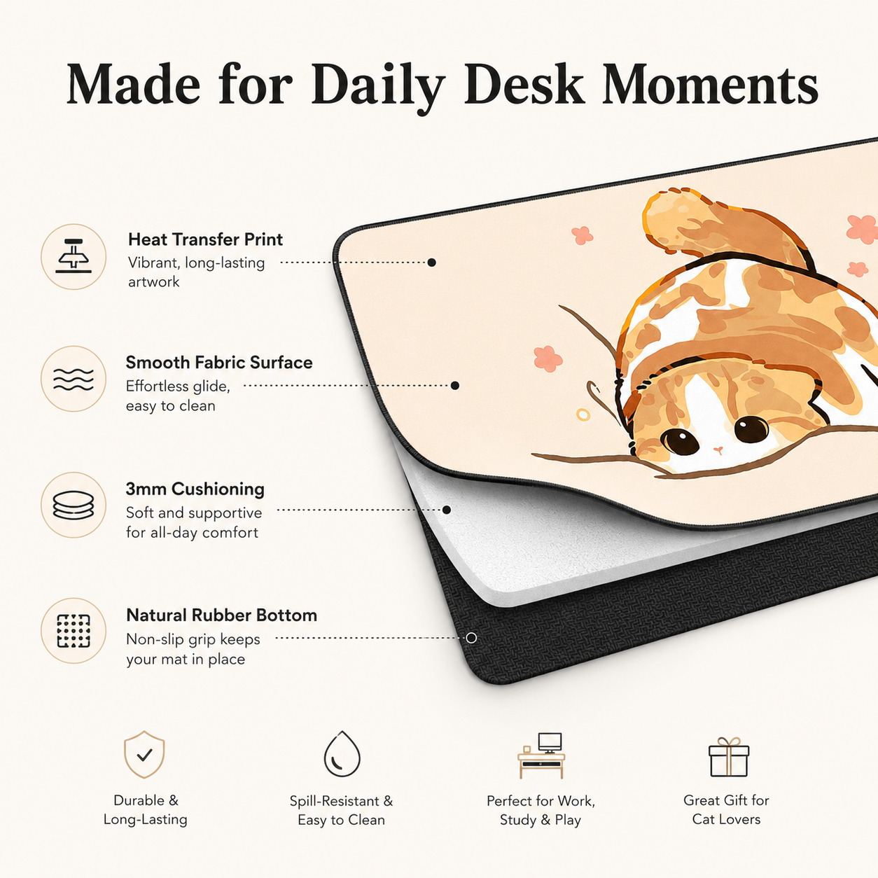 Cozy Orange Cat Large Desk Mat – Non-Slip Extended Mouse Pad