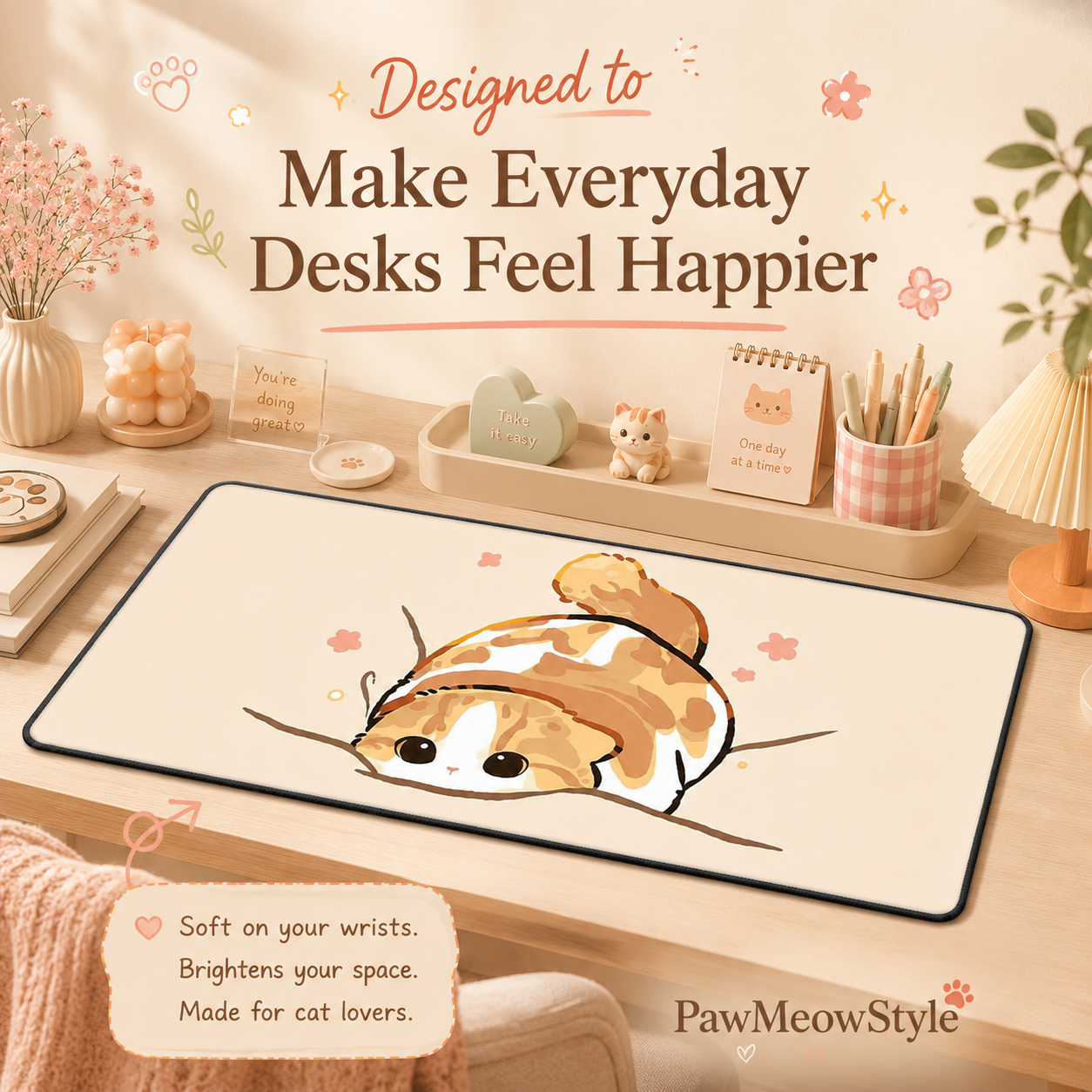 Cozy Orange Cat Large Desk Mat – Non-Slip Extended Mouse Pad